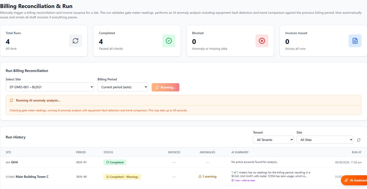 Billing run screen with AI anomaly analysis and reconciliation